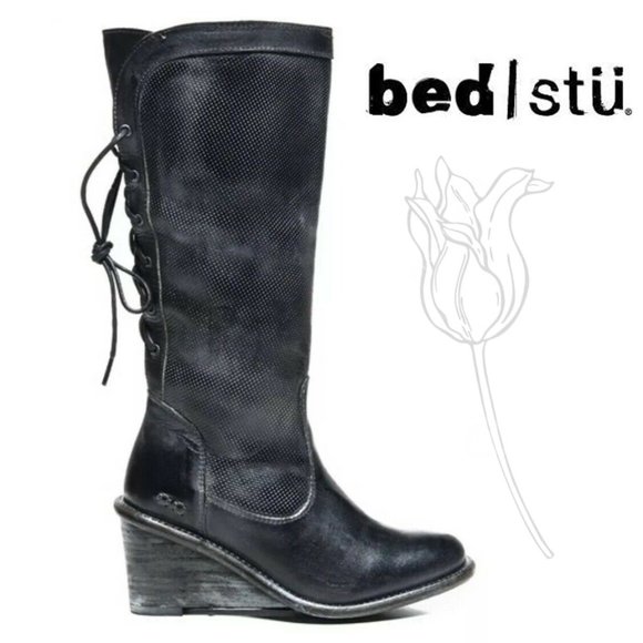 BED STU Empress Black Rustic Wedge Lace-Up Distressed Leather Tall Boots - Picture 2 of 16